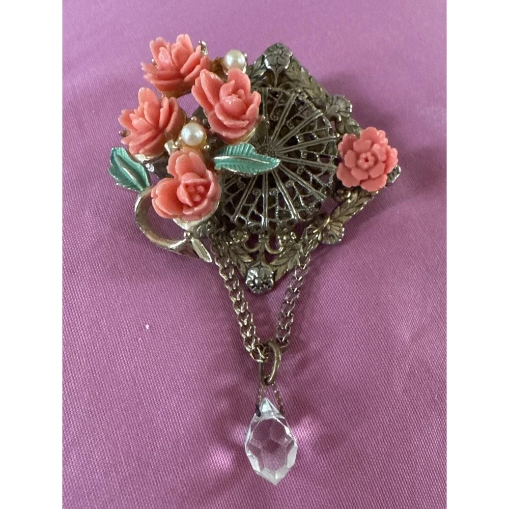Vintage Art Nouveau Carved Coral or Celluloid Rose Pendant‎ & Brooch